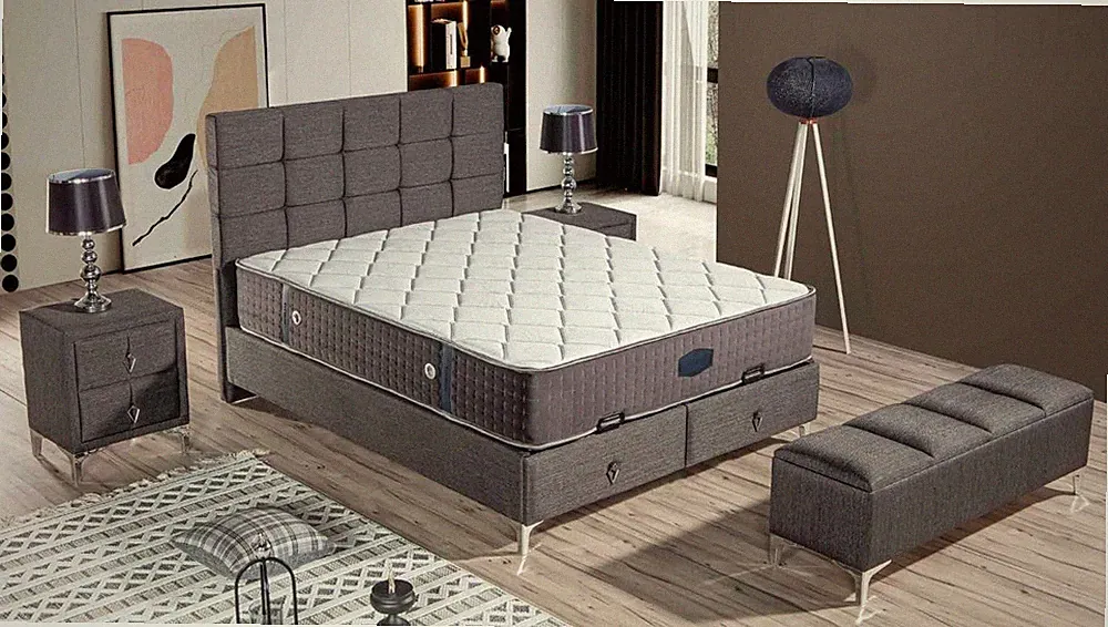 Grau modernes Bett mit Matratze aus Textil und Edelstahl