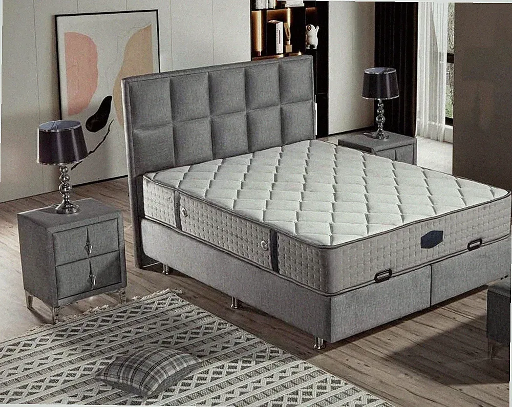 Graues Bett mit Matratze aus Textil und Edelstahl, modernes Design