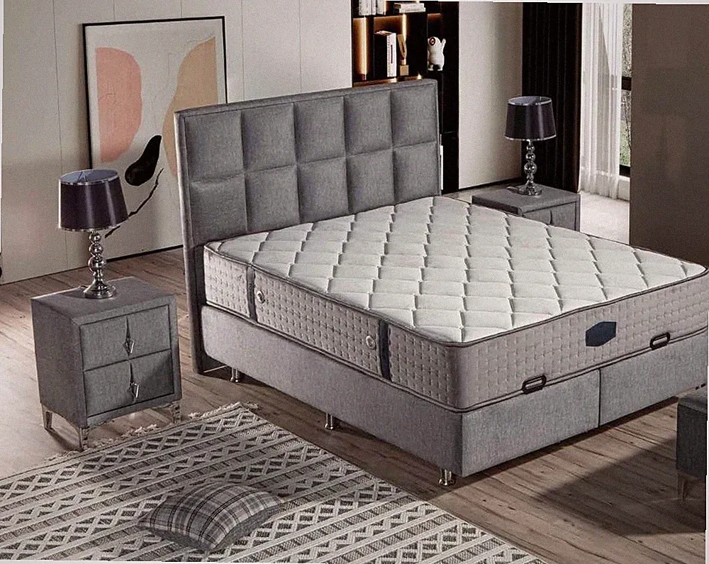 Graues Bett mit Matratze aus Textil und Edelstahl, modernes Design