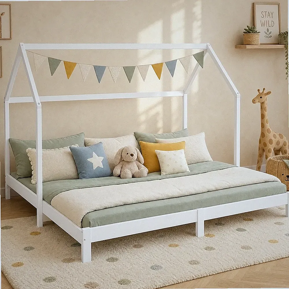 Hausbett 90x200 Weiß Ausziehbar Doppelbett Funktionsbett Lattenrost Homestyle4u