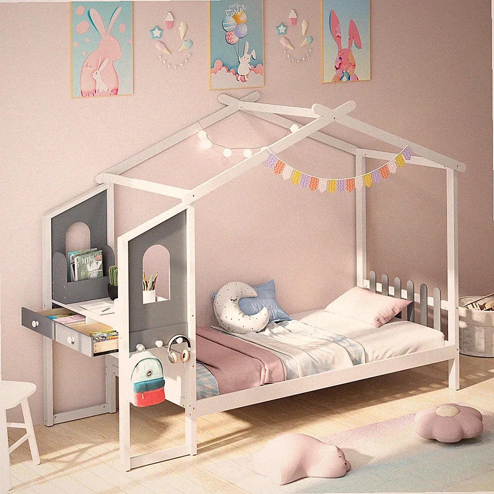 Hausbett Kinderbett 90x200cm mit Dach & Schreibtisch 150kg belastbar