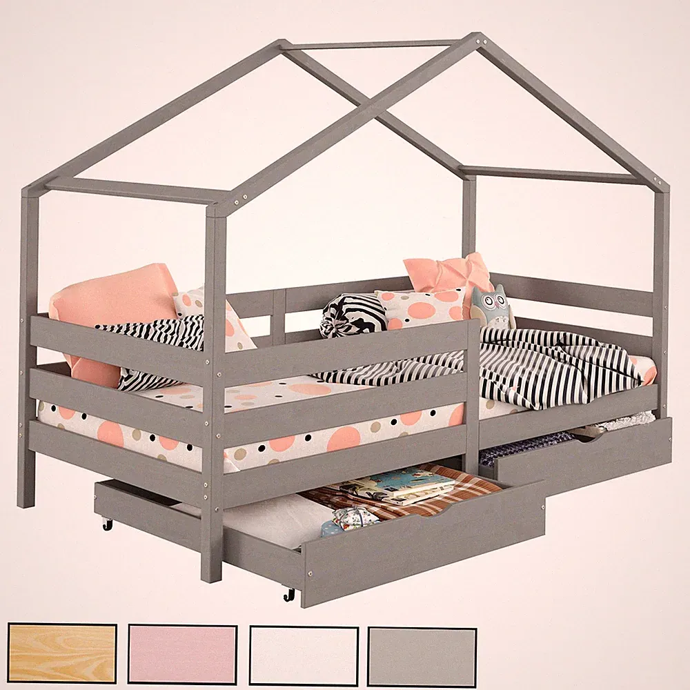 Hausbett Montessori 90 x 200 Bett Rausfallschutz Kiefer Schubladen Kinderbett mi