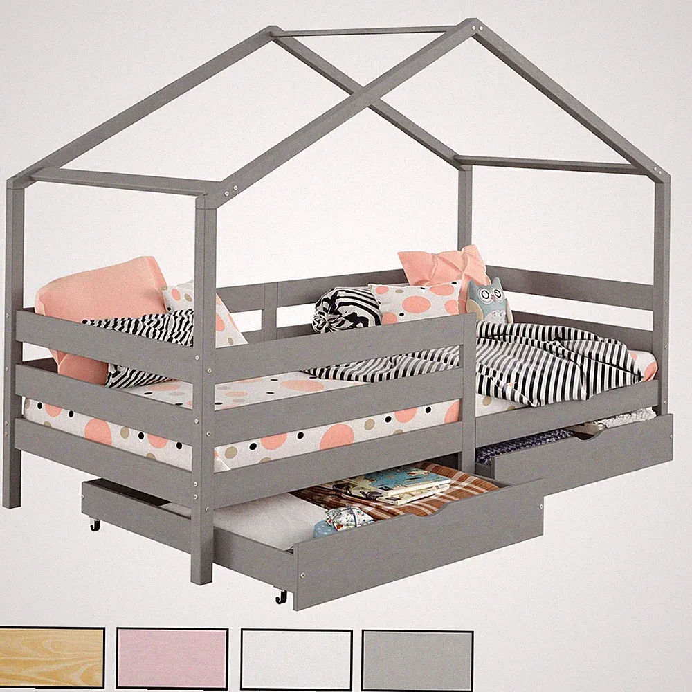 Hausbett Montessori 90 x 200 Bett Rausfallschutz Kiefer Schubladen Kinderbett mi
