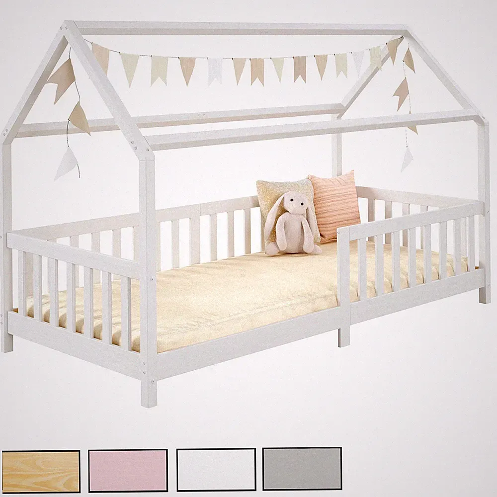 Hausbett Montessori Bett Kiefer 90 x 200 Tipibett mit Dach und rausfallschutz