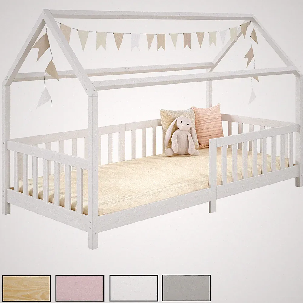 Hausbett Montessori Bett Kiefer 90 x 200 Tipibett mit Dach und rausfallschutz