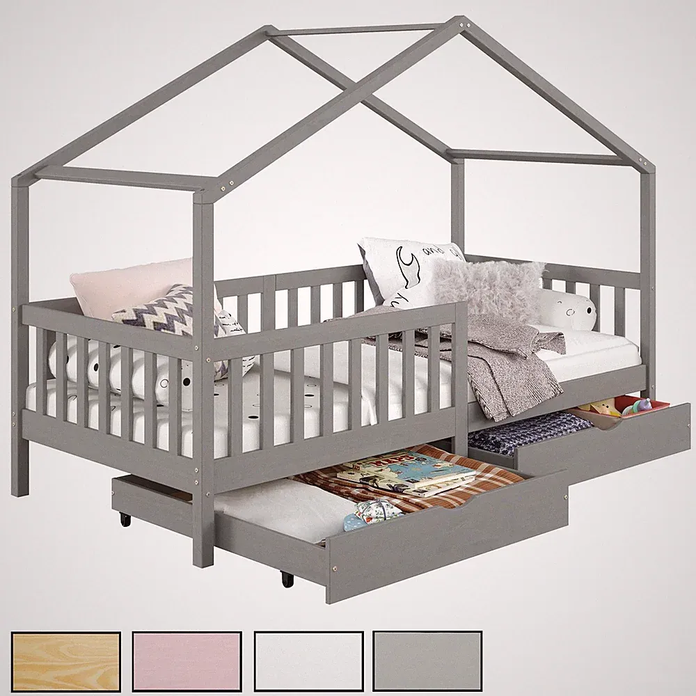 Hausbett Montessori Bett Kinderbett Tipibett 90 x 200 Kiefer Schubladen