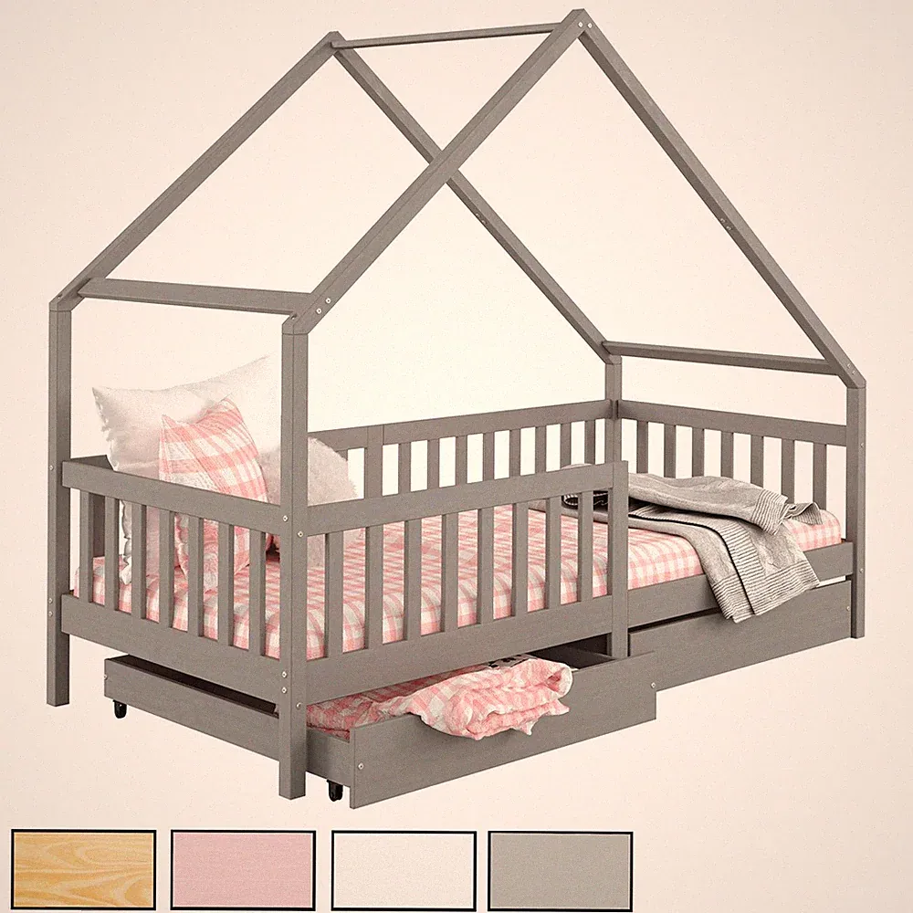 Hausbett Montessori Kinderbett 90 x 200 Kiefer 2 Schubladen