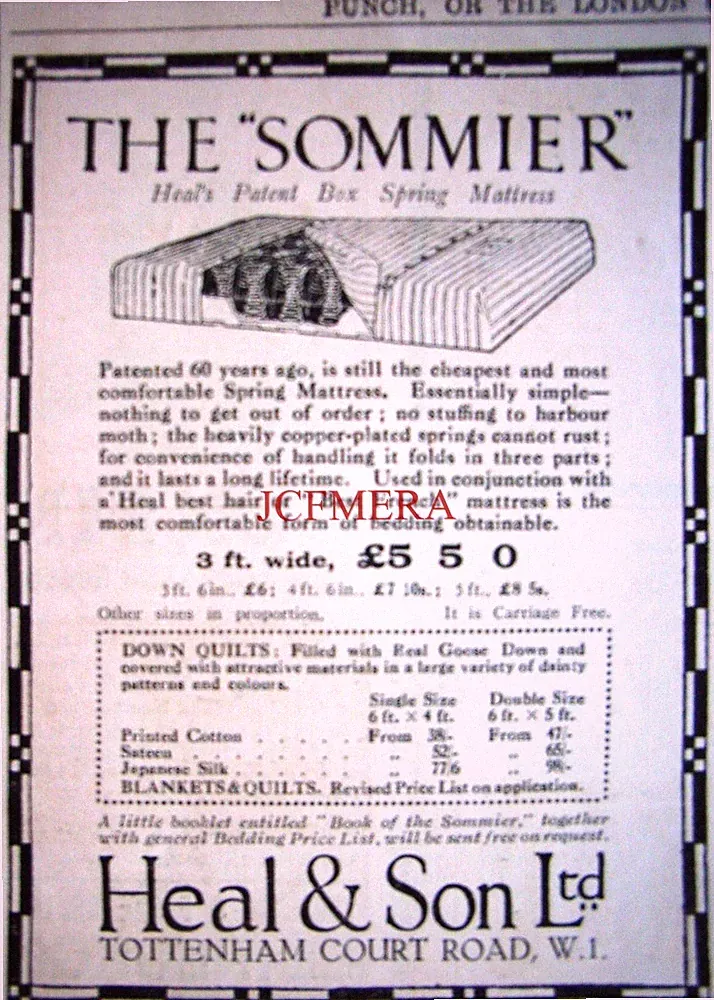 HEAL & Son Ltd. "SOMMIER" Boxspringbett Matratze Werbung: Kleindruck 1923