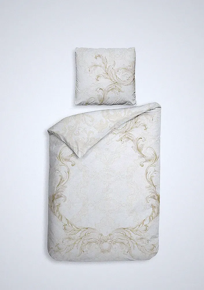 Heckett & Lane Satin Bettwäsche 135x200 Lauren Off-White Ornamente Barock Wende
