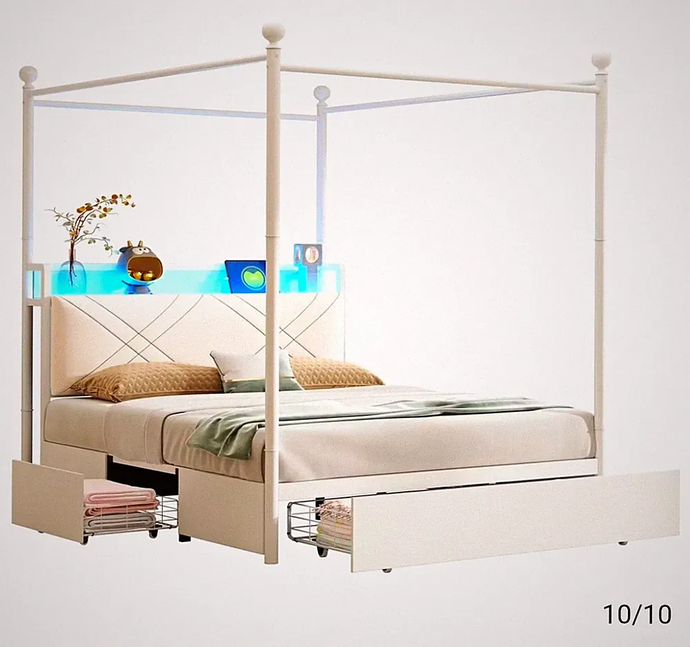 Himmelbett 140x190 Weiß mit Stauraum 3 Schubladen LED USB