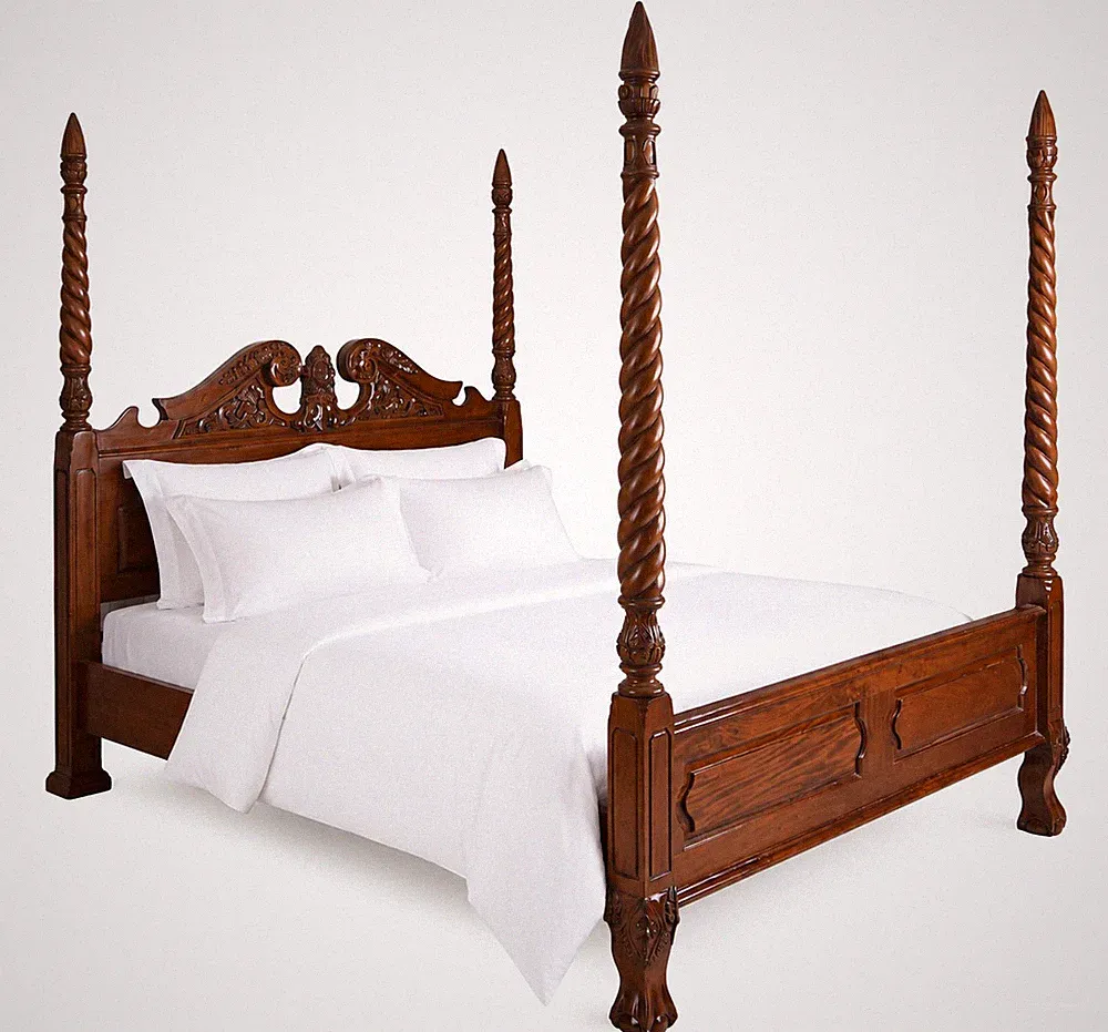 Himmelbett Mahagoni Bett mit Säulen Ehebett Antik Doppelbett 160x200cm Holzbett
