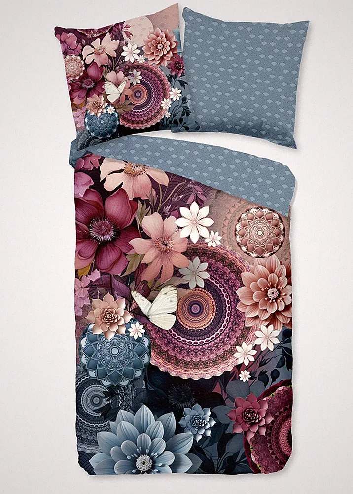 hip Satin Bettwäsche 135x200 Asher Mandala Blüten aubergine blau 33138