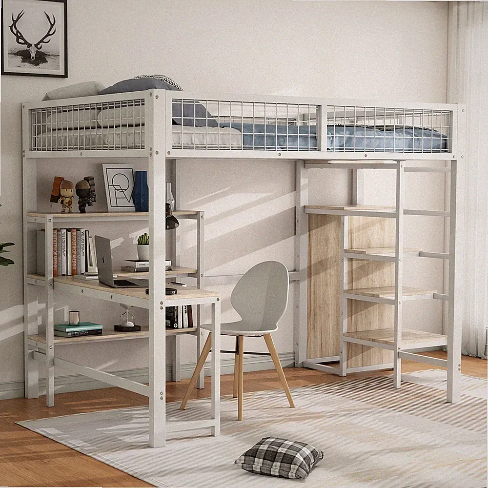 Hochbett, 140x200 cm Eisenbett mit Regalen, Schrank & Schreibtisch, Weiß