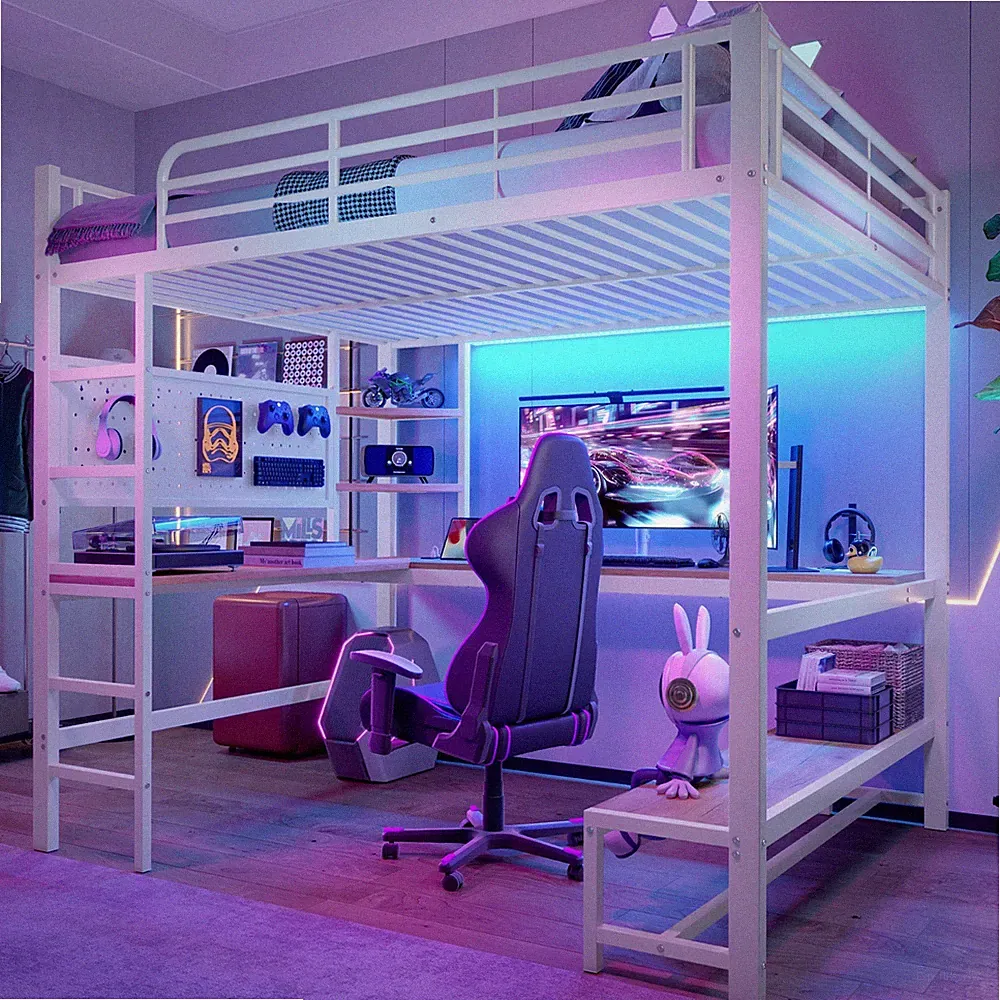 Hochbett 140x200 cm Metall mit Schreibtisch LED USB-C Regalen Weiß