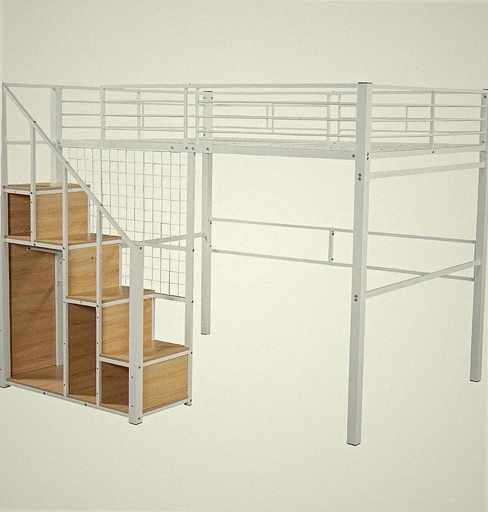 Hochbett 140x200 Metall/Holz Weiß/Hellholz mit Treppe, 210x147x170 cm