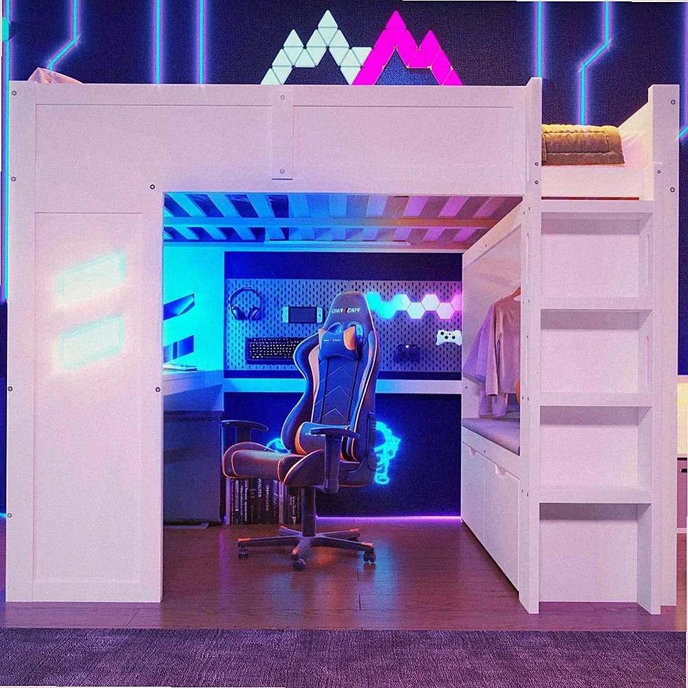 Hochbett 140x200cm mit Schreibtisch LED USB-C Schubladen Kiefer Weiß