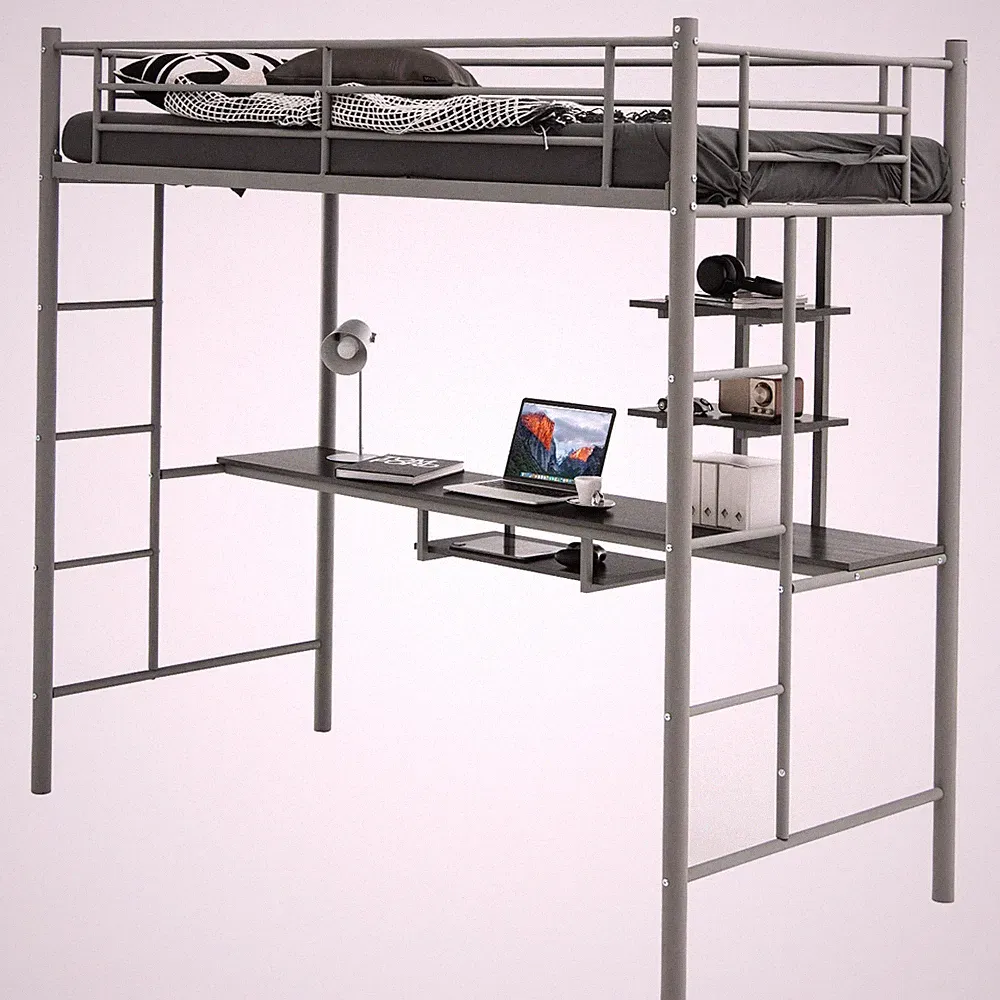 Hochbett 2in1 Kinderbett Bettgestell Metallbett mit Schreibtisch Ablage 2 Leiter