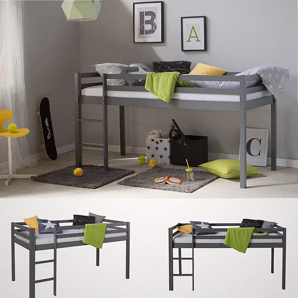 Hochbett 90x200 cm Kinder Bett Holz Grau Stockbett Spielbett Gestell Homestyle4u
