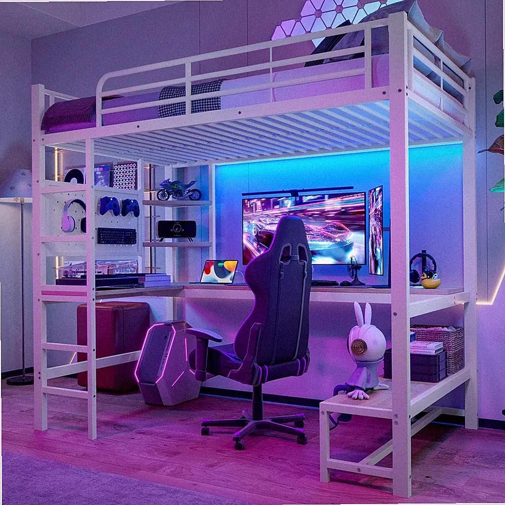 Hochbett 90x200 cm Metall mit Schreibtisch LED USB-C Regalen Weiß