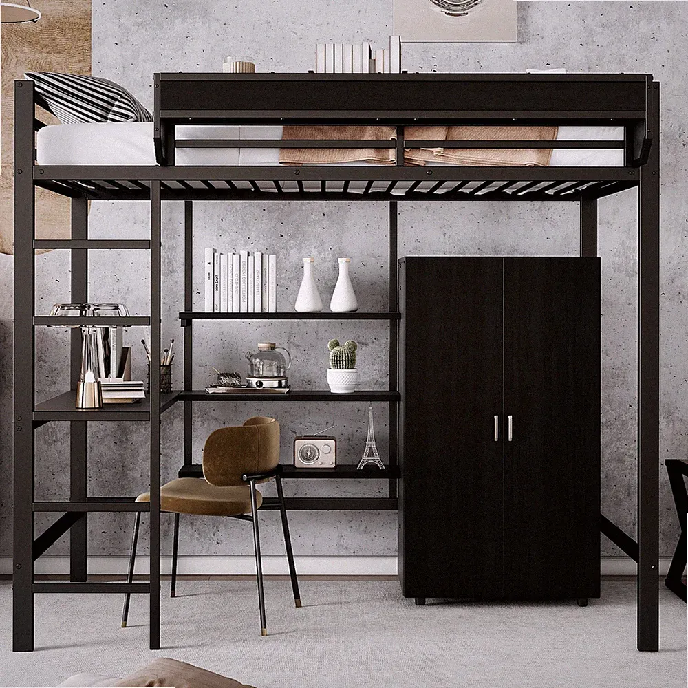 Hochbett 90x200 cm mit Schreibtisch Kleiderschrank Leiter Ablage Schwarz