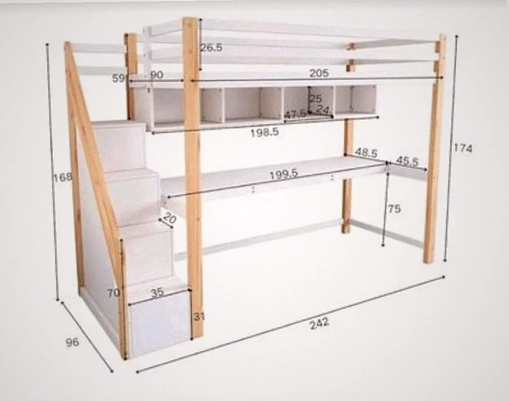 Hochbett 90x200 cm mit Schreibtisch und Treppe, Holz Weiß/Natur