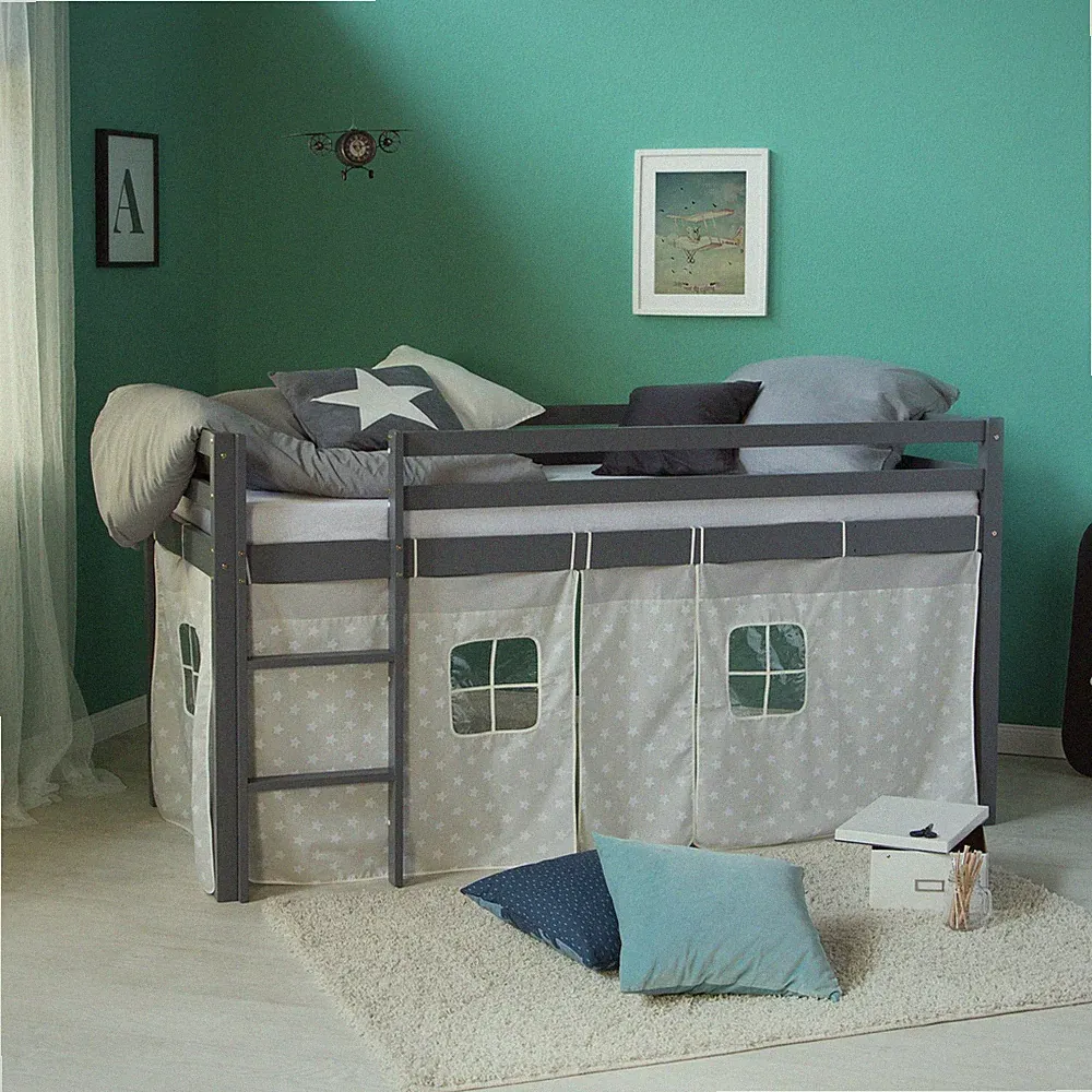 Hochbett 90x200 Kinderbett Holz Massiv Vorhang Grau Stockbett Treppe Homestyle4u