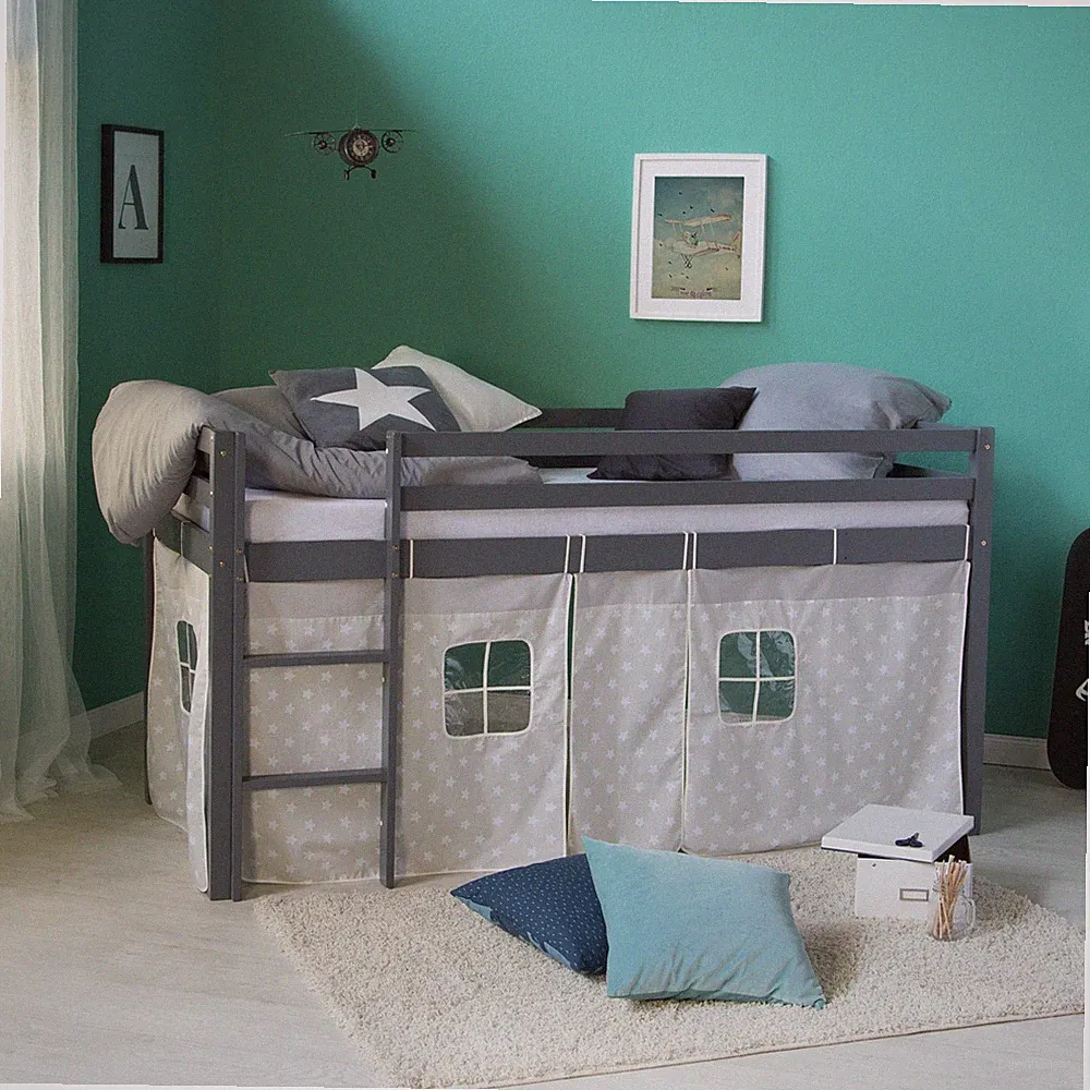 Hochbett 90x200 Kinderbett Holz Massiv Vorhang Grau Stockbett Treppe Homestyle4u