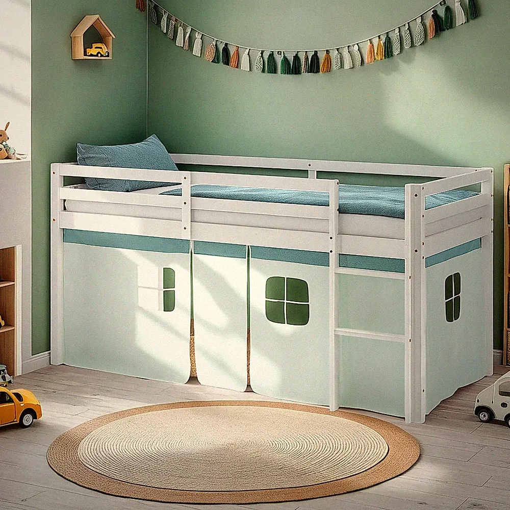 Hochbett 90x200 Kinderbett Holz Massiv Vorhang Mint Grün Stockbett Homestyle4u
