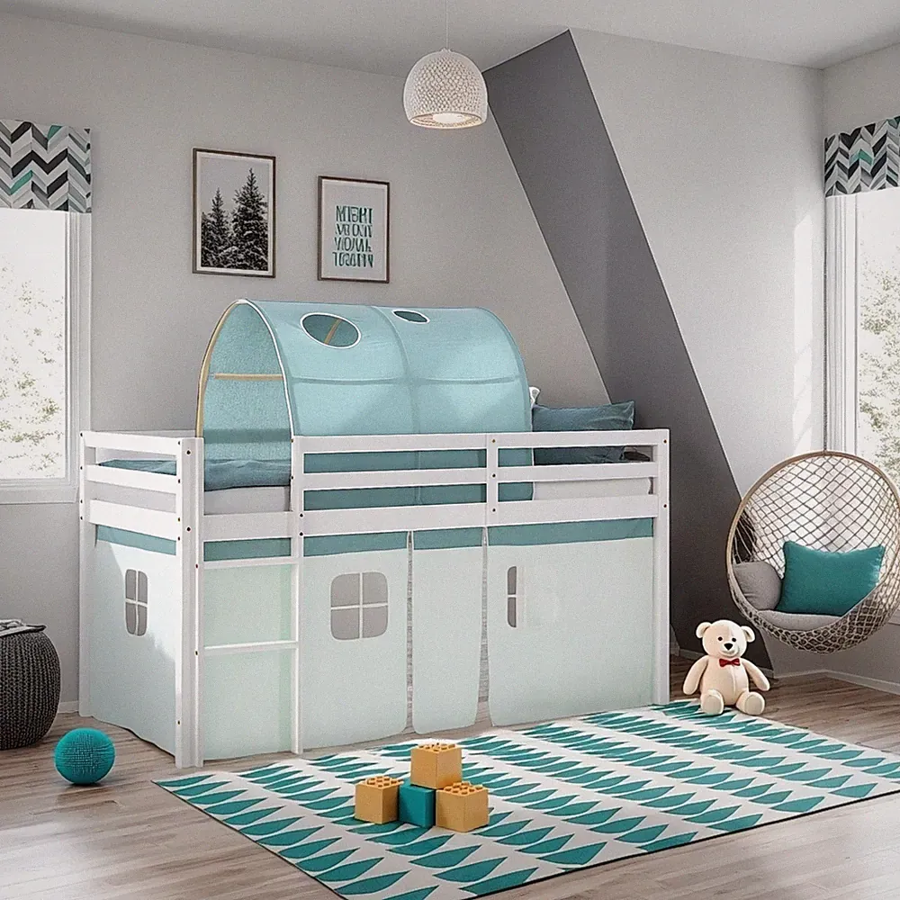 Hochbett 90x200 Kinderbett Holz Massiv Vorhang Tunnel Grün Stockbett Homestyle4u