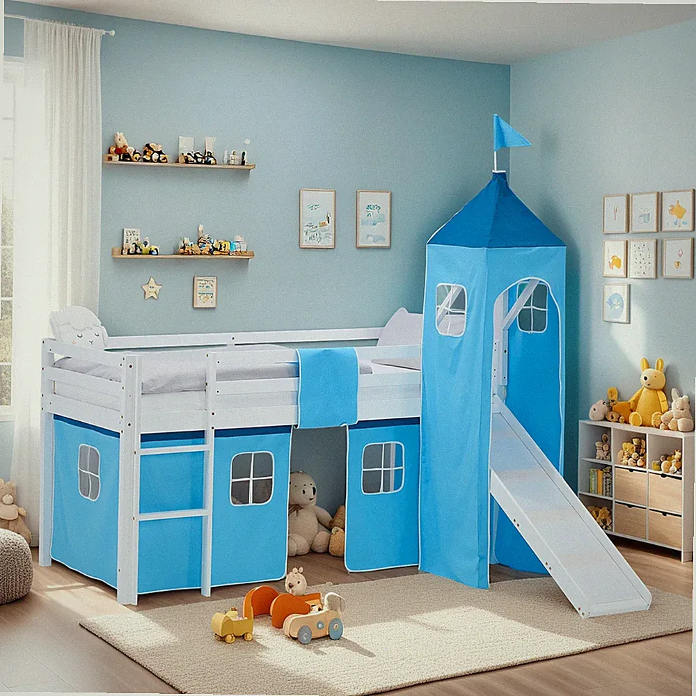 Hochbett 90x200 Kinderbett Lattenrost Rutsche Turm Blau Stockbett Homestyle4u