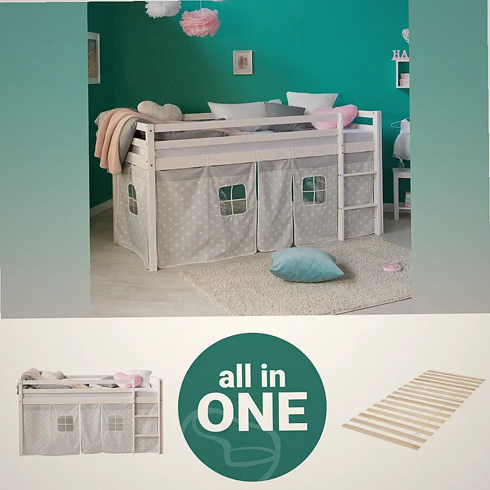 Hochbett 90x200 Kinderbett Lattenrost Stockbett Weiß Holz Vorhang Homestyle4u
