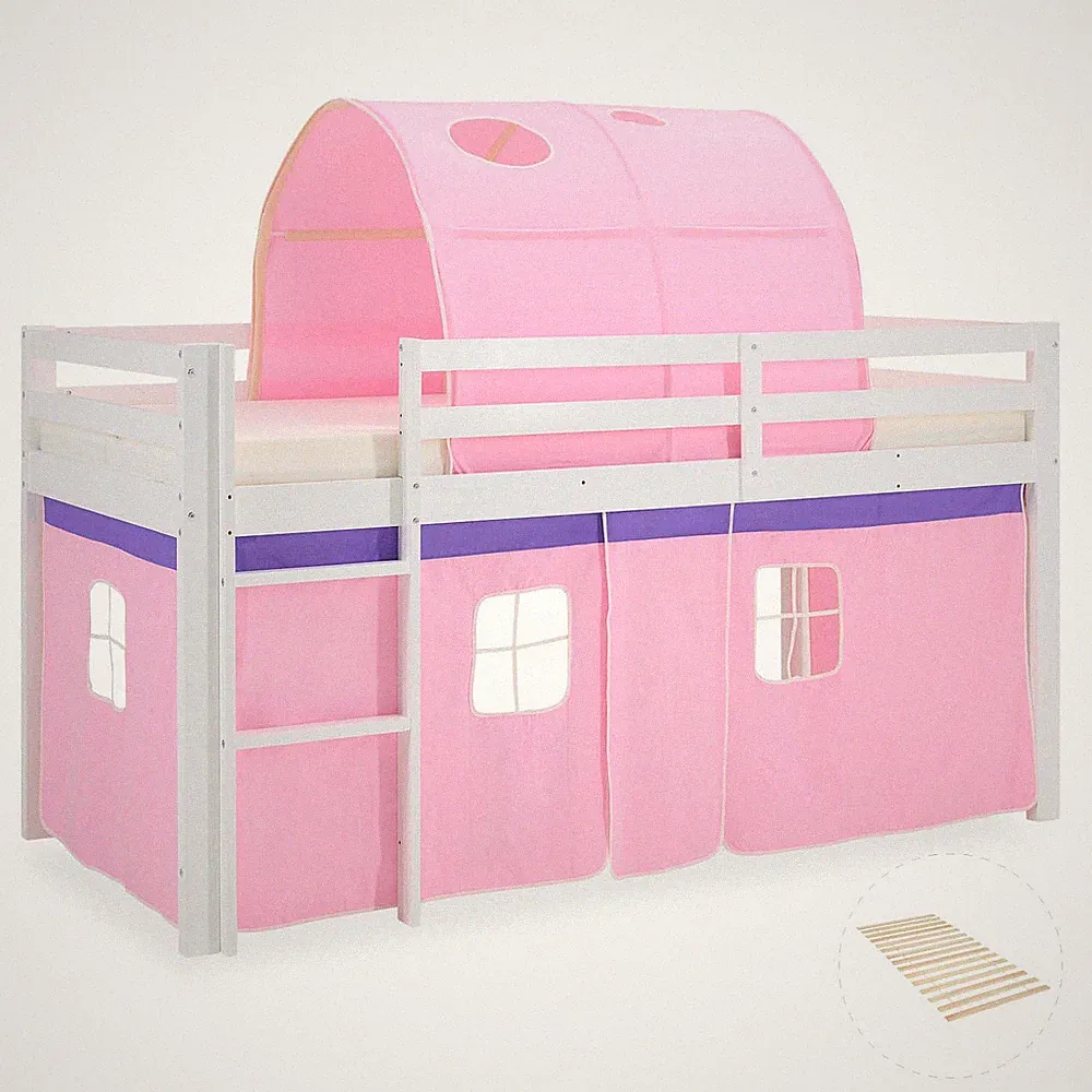 Hochbett 90x200 Kinderbett Mädchen Weiß mit Lattenrost Tunnel Rosa Homestyle4u