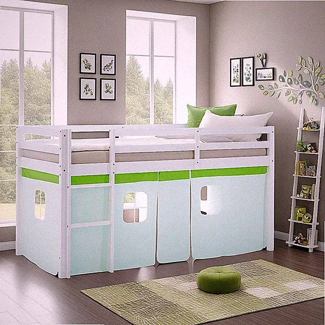 Hochbett 90x200 Kinderbett Matratze Weiß Holz Vorhang Grün Stockbett Homestyle4u