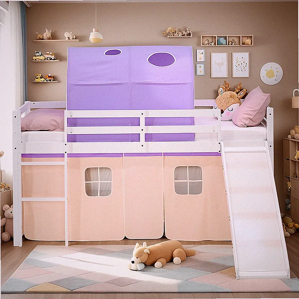 Hochbett 90x200 Kinderbett mit Lattenrost Tunnel Vorhang Beige Lila Homestyle4u