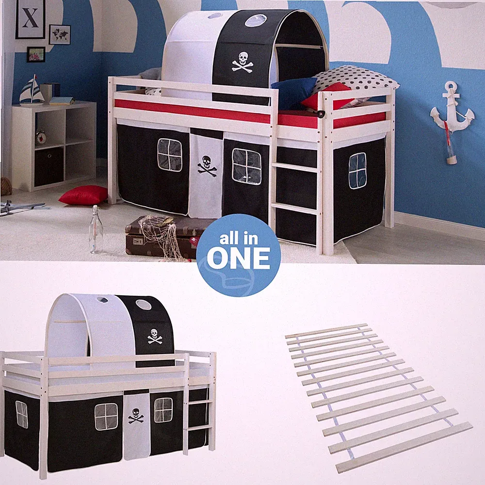 Hochbett 90x200 Kinderbett mit Lattenrost Vorhang Tunnel Stockbett Homestyle4u