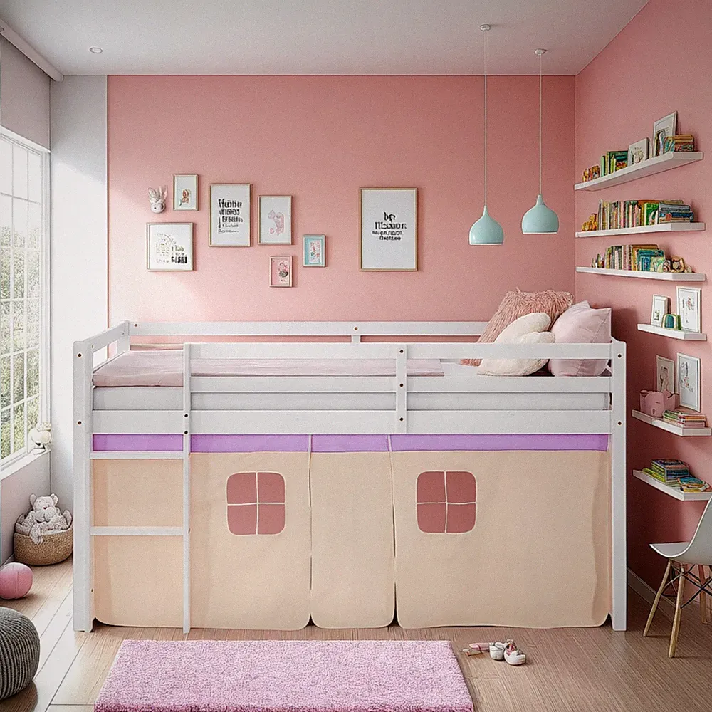Hochbett 90x200 Kinderbett mit Matratze Weiß Holz Vorhang Beige Lila Homestyle4u