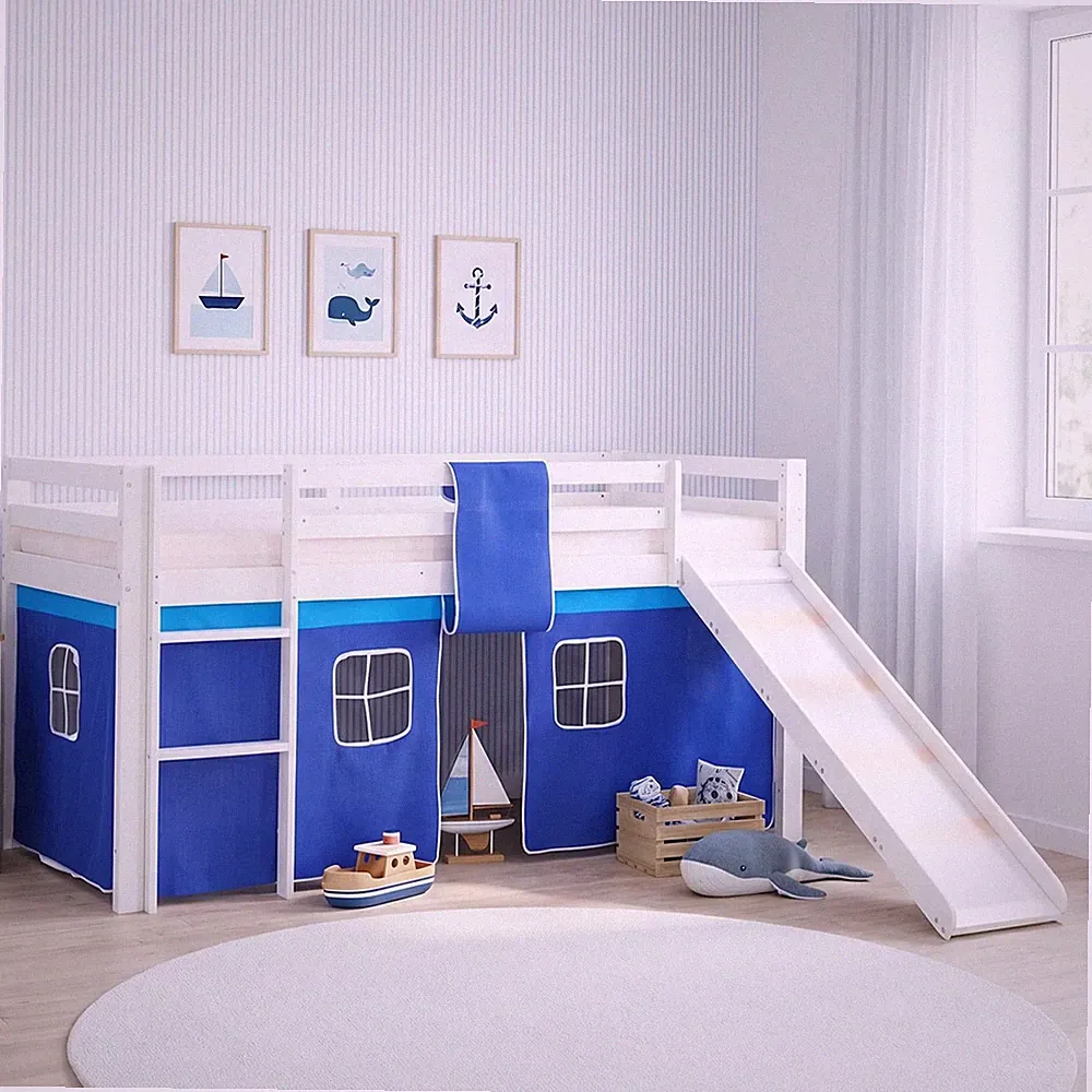 Hochbett 90x200 Kinderbett mit Rutsche Holz Stockbett Vorhang Blau Homestyle4u
