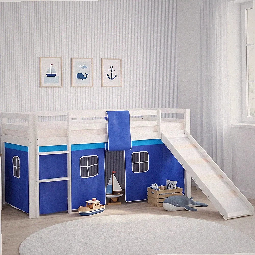 Hochbett 90x200 Kinderbett mit Rutsche Holz Stockbett Vorhang Blau Homestyle4u