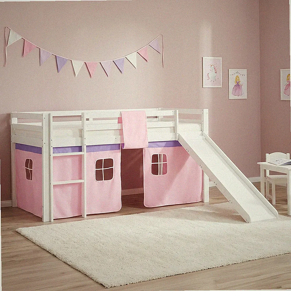 Hochbett 90x200 Kinderbett mit Rutsche Holz Stockbett Vorhang Rosa Homestyle4u