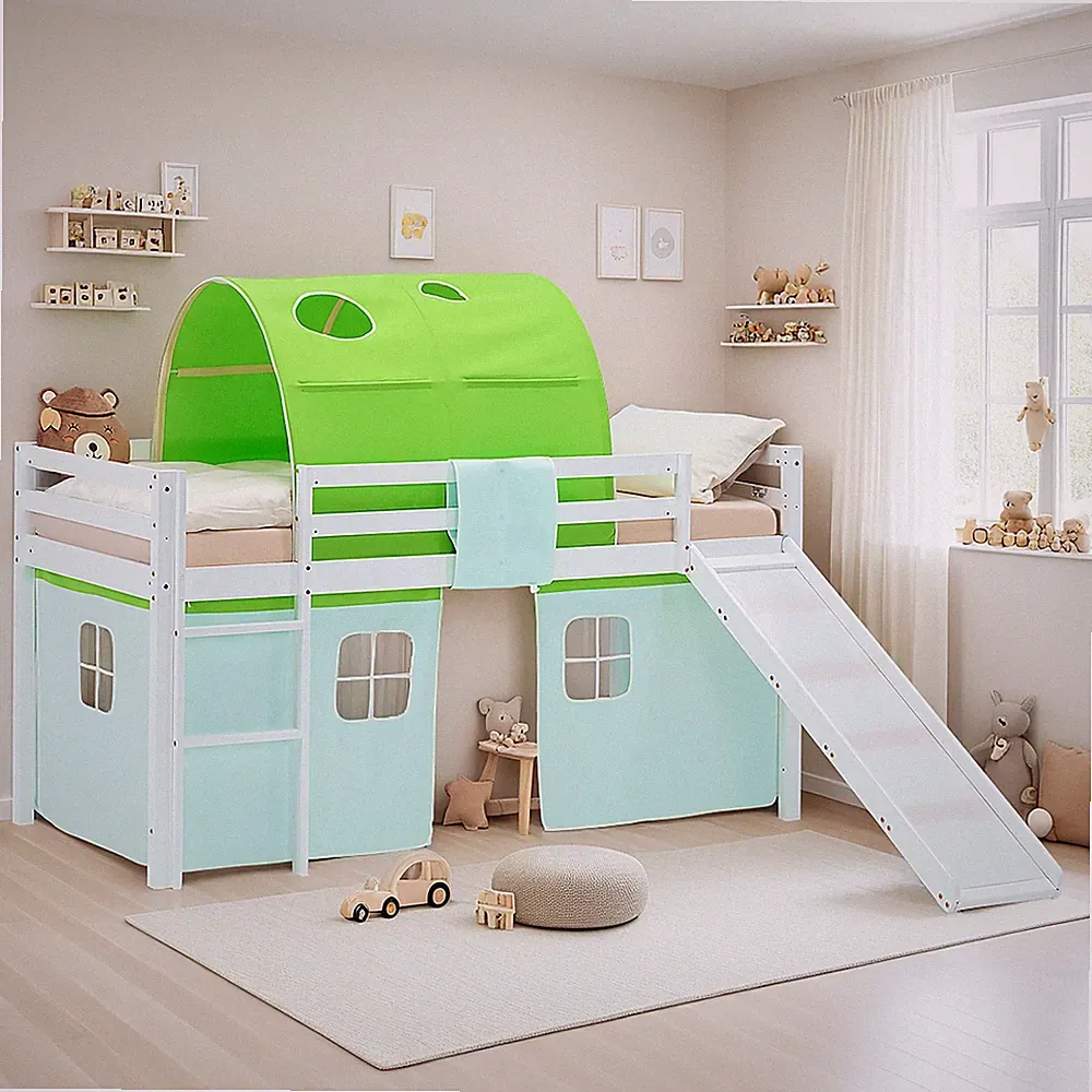 Hochbett 90x200 Kinderbett mit Rutsche Tunnel Grün Stockbett Holz Homestyle4u
