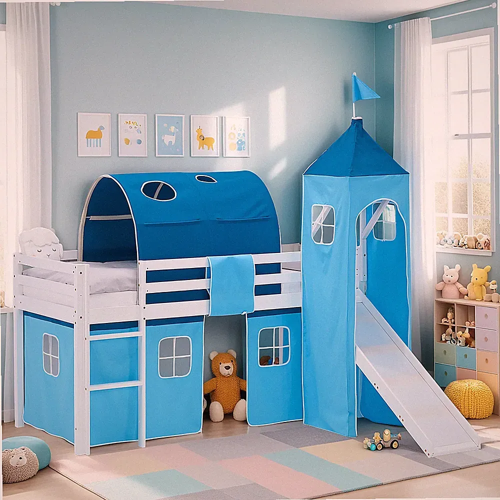 Hochbett 90x200 Kinderbett mit Rutsche Turm Tunnel Blau Stockbett Homestyle4u
