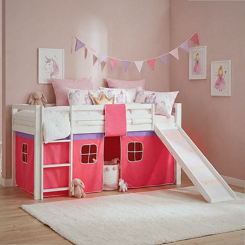 Hochbett 90x200 Kinderbett mit Rutsche Vorhang Pink Stockbett Holz Homestyle4u