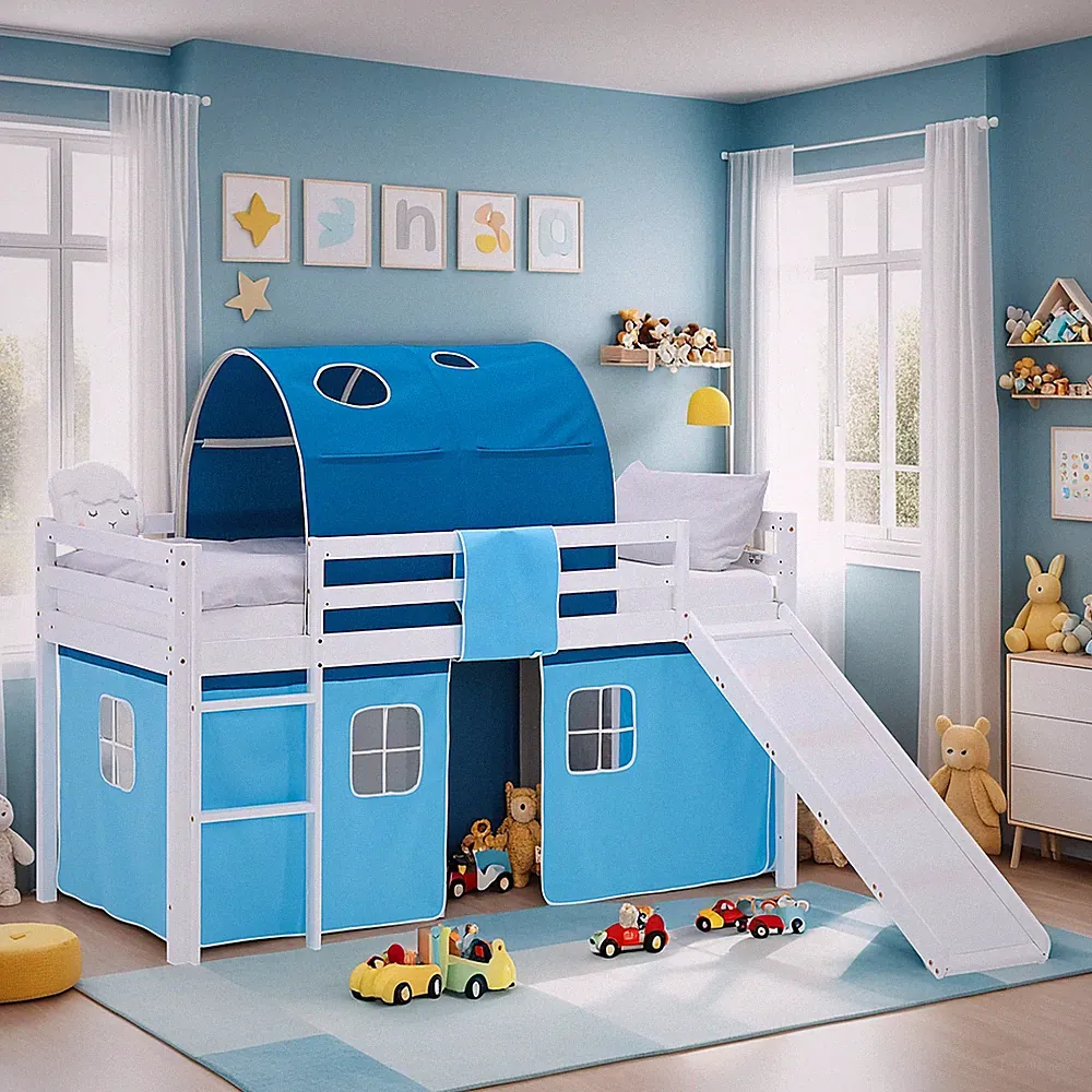 Hochbett 90x200 Kinderbett mit Rutsche Vorhang Tunnel Blau Stockbett Homestyle4u
