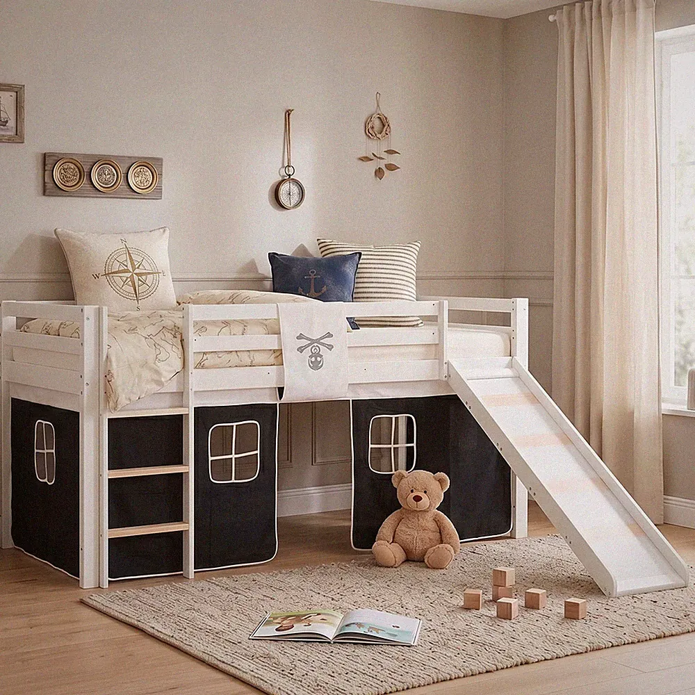 Hochbett 90x200 Kinderbett mit Rutsche Weiß Holz Stockbett Vorhang Homestyle4u