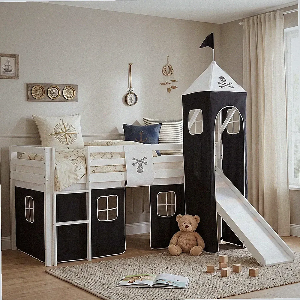 Hochbett 90x200 Kinderbett mit Rutsche Weiß Stockbett Vorhang Turm Homestyle4u