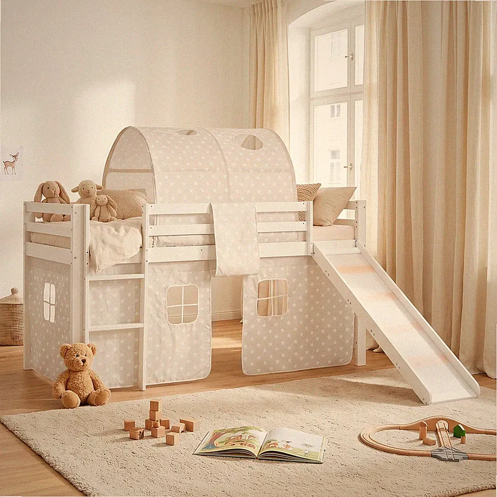 Hochbett 90x200 Kinderbett mit Rutsche Weiß Tunnel Grau Stockbett Homestyle4u