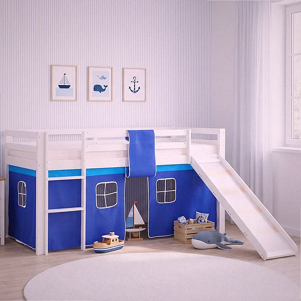 Hochbett 90x200 Kinderbett mit Rutsche Weiß Vorhang Blau Stockbett Homestyle4u