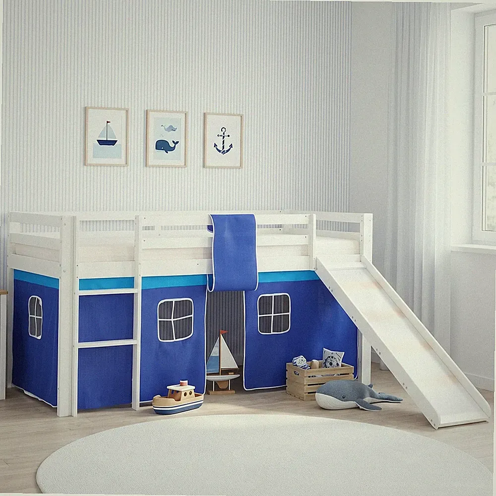 Hochbett 90x200 Kinderbett mit Rutsche Weiß Vorhang Blau Stockbett Homestyle4u