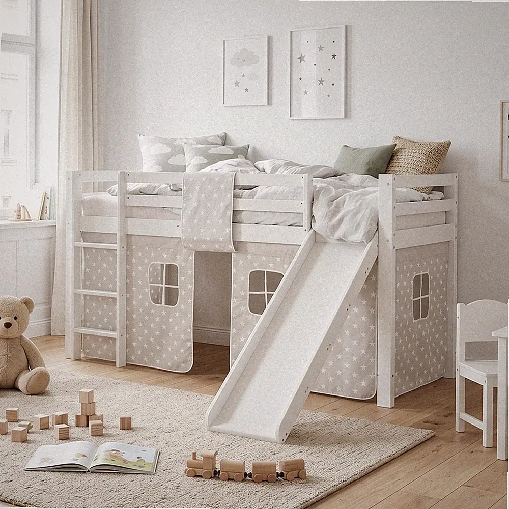 Hochbett 90x200 Kinderbett mit Rutsche Weiß Vorhang Grau Stockbett Homestyle4u