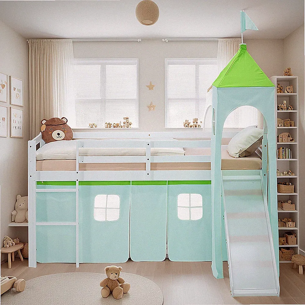 Hochbett 90x200 Kinderbett Rutsche Lattenrost Turm Stockbett Grün Homestyle4u